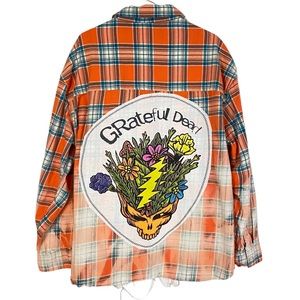 EUC Grateful Dead Flannel Shirt Shacket Mens XL Unisex Oversized Handmade Orange